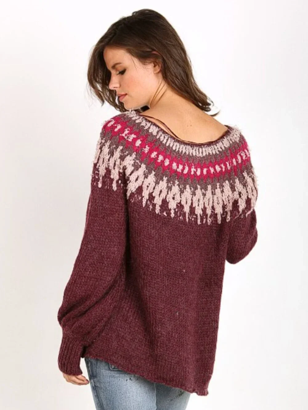 Free People Baltic Fair Isle Maroon Wool Alpaca blend Sweater (M) EUC